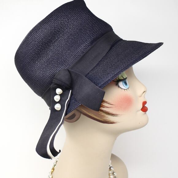Vintage 50s Navy Cloche Hat White Button Trim Ribbon Bow Union Tag - Hey Viv - Picture 8 of 9